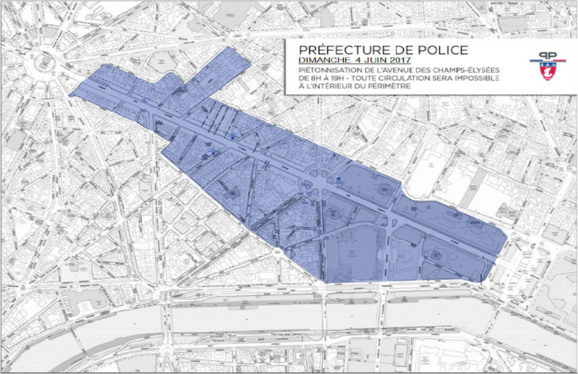 Le plan de circulation pour l'avenue piétonnière des Champs-Elysées et le Paris Drone Festival © Préfecture de police de Paris. Le plan de circulation pour l'avenue piétonnière des Champs-Elysées et le Paris Drone Festival © Préfecture de police de Paris.