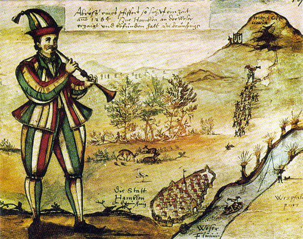 La plus ancienne représentation du joueur de flûte de Hamelin, copie d'après le vitrail d'une église de Goslar - 1592 © Augustin von Moersperg ISBN 4-480-02272-4 publié par Abe Kinya en 1988 - Domaine public.
