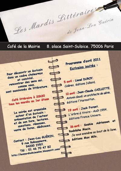 Avril 2011 : Mardis littéraires au café de la mairie place Saint Sulpice