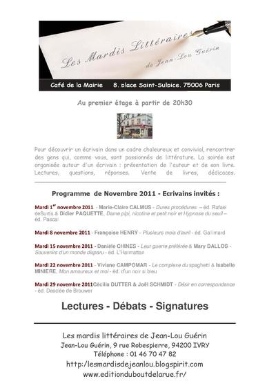 Mardi littéraire - le programme de novembre  2011 - au café de la mairie - au premier étage - place Saint Sulpice Paris 6ème