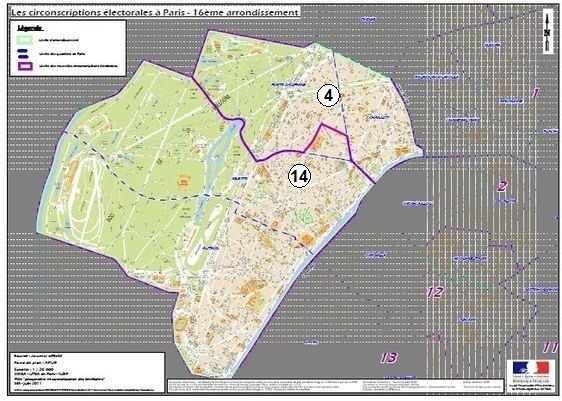 Le 16e arrondissement à cheval sur la 4e et la 14e circonscription de Paris (c) Ministère de l'Intérieur. Le 16e arrondissement à cheval sur la 4e et la 14e circonscription de Paris (c) Ministère de l'Intérieur.