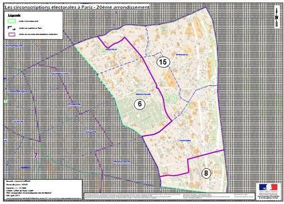 Le 20e arrondissement à cheval sur la 6e, 8e et 15e circonscription de Paris (c) Ministère de l'Intérieur. Le 20e arrondissement à cheval sur la 6e, 8e et 15e circonscription de Paris (c) Ministère de l'Intérieur.