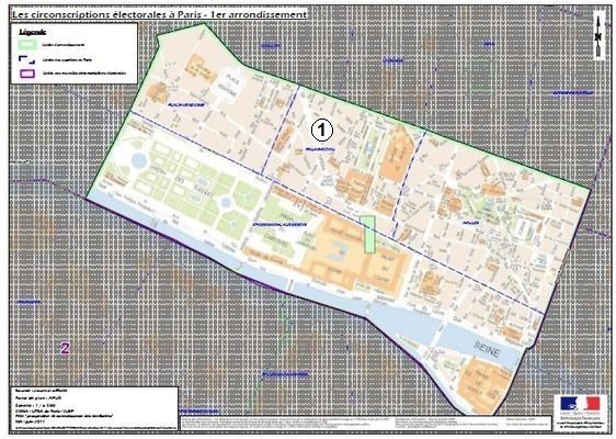Le 1er arrondissement est inclus dans la 1ere circonscription de Paris (c) Ministère de l'Intérieur.