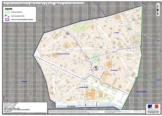 Le 8e arrondissement est inclus dans la 1ere circonscription de Paris (c) Ministère de l'Intérieur.
