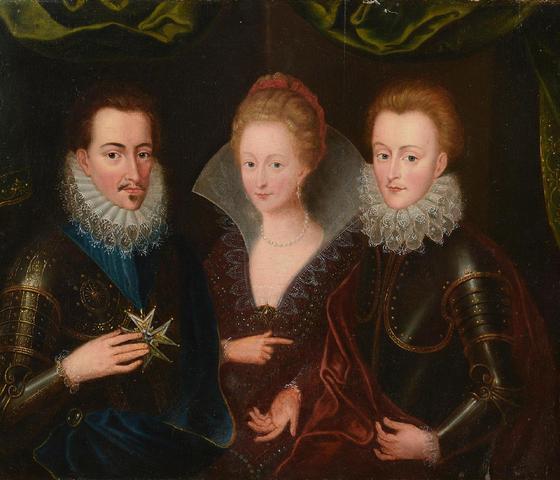 Lot 42 : « Ecole Française du XVIIème siècle – Portraits d’Henri de Guise et de sa femme Catherine de Clèves avec Charles de Guise, ducs de Lorraine – Panneau parqueté. 37,5 x 45,5 cm. Restaurations. Sans cadre. Expert R. Millet » - Crédit : Chevau Légers Enchères.