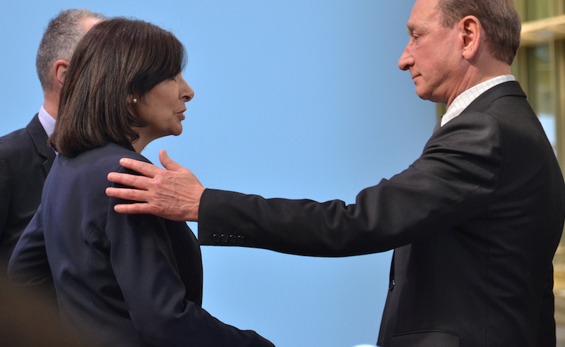 Bertrand Delanoë et Anne Hidalgo le 5 avril 2016 lors de l'inauguration du Forum des Halles exploité par Unibail-Rodemco © VD / PT